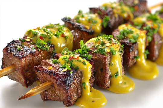 A photorealistic Peruvian anticuchos with grilled brown beef heart skewers