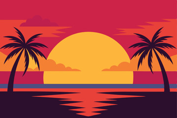 Fototapeta premium Colorful Sunset Silhouette Two Palm Trees Silhouetted Against a Vibrant Sky and Reflecting Water