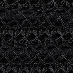 Seamless 4k photo texture of black colored ornate woven frill material.