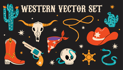 Wild West set. Collection of groovy cute funky hippie boho illustration elements of cowboy boots, snake, skull, cactus. Western stickers © Anna
