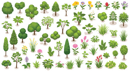 Isometric View Collection Vector illustration Pack png Lush Green Trees, Vibrant Flowers, and Ornamental Bushes for Landscaping Design