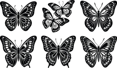 Silhouettes of butterflies. Monochrome Insect butterfly black winged gorgeous insect set isolated vector illustration
