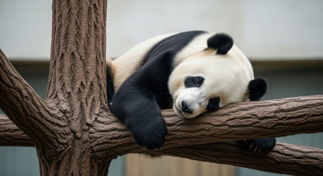 Giant panda bear sleeping on tree branch - Powered by Adobe