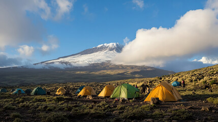 Tents set up at Shira Plateau with distant snowy summit