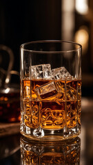 Elegant Whiskey Glass with Ice on Reflective Surface and Warm Background