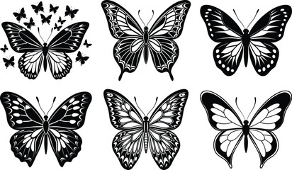 Silhouettes of butterflies. Monochrome Insect butterfly black winged gorgeous insect set isolated vector illustration
