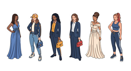 Fototapeta premium Diverse Women in Stylish Attire Vector illustration Pack png A Collection of Fashion Illustrations Featuring Blue, Yellow, Red, and Beige Outfits