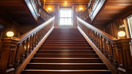 Obraz premium Grand wooden staircase with elegant banister and warm lighting in an opulent interior space creates a captivating and timeless architectural scene for various design projects.