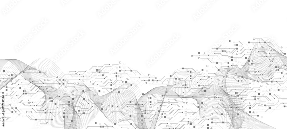 Aufkleber Artificial Intelligence or machine learning vector design. Quantum computer technology concept with circuit board and motherboard texture background design. Waves flow quantum explosion