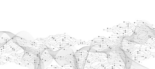 Artificial Intelligence or machine learning vector design. Quantum computer technology concept with circuit board and motherboard texture background design. Waves flow quantum explosion