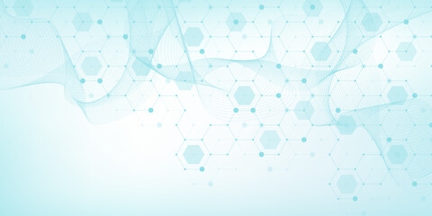 Modern health care or medical background design. Health care innovation concept. Horizontal header web banner. Abstract geometric background with hexagon shapes for medicine, science, chemistry.