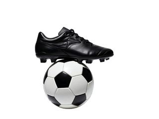 Black soccer cleat on soccer ball isolated on transparent background