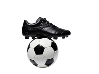 Black soccer cleat on soccer ball isolated on transparent background