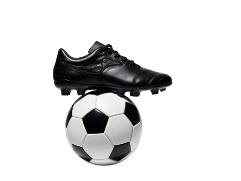 Black soccer cleat on soccer ball isolated on transparent background