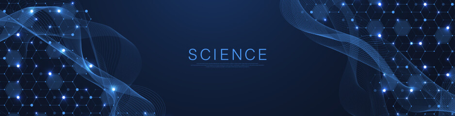 Molecular abstract structure and genetic engineering DNA. Healthcare and medicine background concept. Scientific research background. Wave flow. Innovation pattern. Vector illustration.