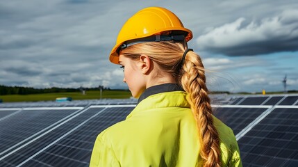 Woman Engineer Inspecting Solar Panels Farm Renewable Energy