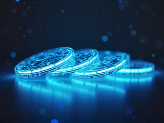 digital coins with glowing edges on a dark background