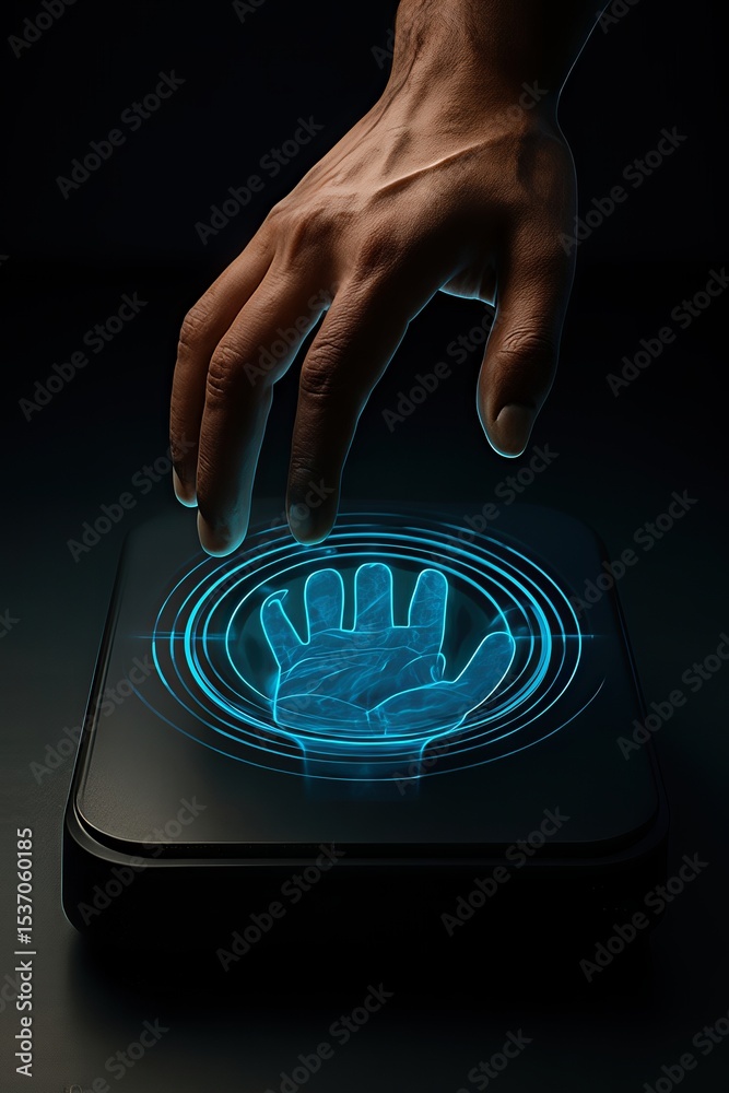 Poster Smart Home Cybersecurity: A Concept for Safe Living. A hand hovering over a glowing holographic interface with a handprint design.
