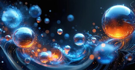 Abstract bubbles, vibrant colors, flowing energy. Blue, orange hues create dynamic visual experience. Light sparkles, dark background.