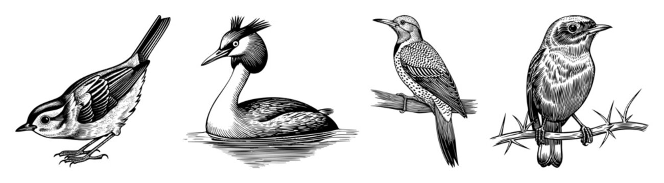 Vector Four detailed illustrations depict a sparrow grebe woodpecker and songbird.