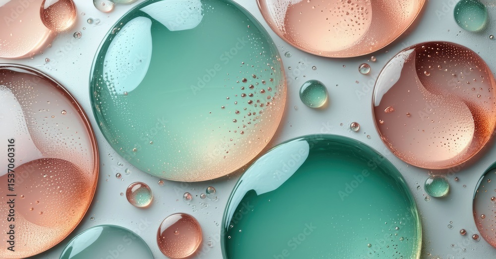 Poster abstract macro photo shows colorful liquid droplets. teal, peach hues dominate composition. bubbles 