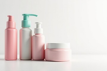 Various cosmetic containers on white background, packaging, simple, label