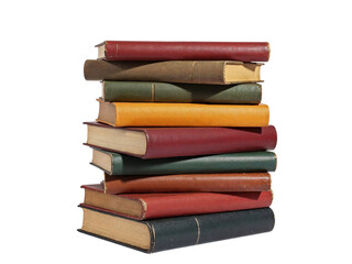Stack of vintage leather bound books isolated on transparent background