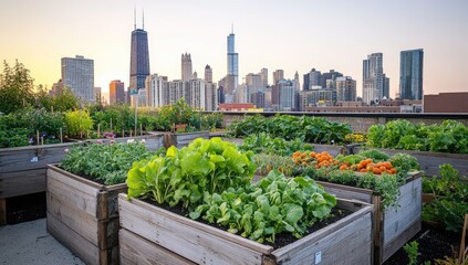 Fototapeta premium Urban rooftop garden with city skyline