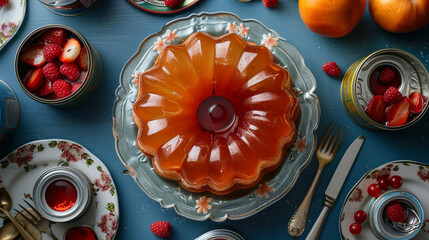 A 1980s gelatin dessert with fruit cocktail set in a bundt mold, surrounded by canned fruit tins and vintage flatware.