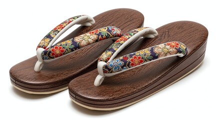 Traditional Japanese geta sandals made from wood and fabric, isolated on white background. Generative AI