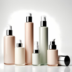 Stack of Skincare Bottles in Neutral Colors on White Background  