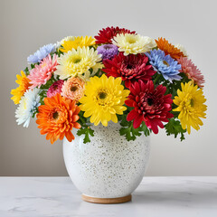 Still Life of Colorful Chrysanthemum Bouquet in White Speckled Vase 