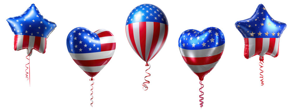 Patriotic balloons with American flag design in star and heart shapes