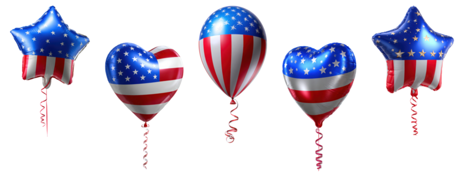 Patriotic balloons with American flag design in star and heart shapes