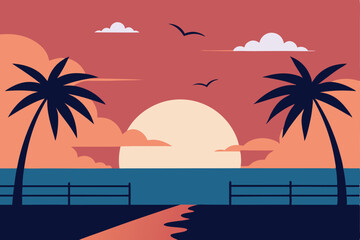 Obraz premium Sunset Beach with Palm Trees, Birds and Ocean View Illustration