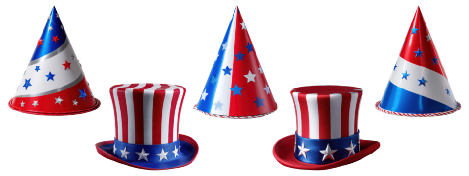 Patriotic party hats and uncle sam hats with American flag designs