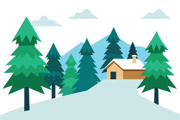 Naklejka premium Winter Cabin Among Pine Trees and Snowy Hills, Minimalist Illustration
