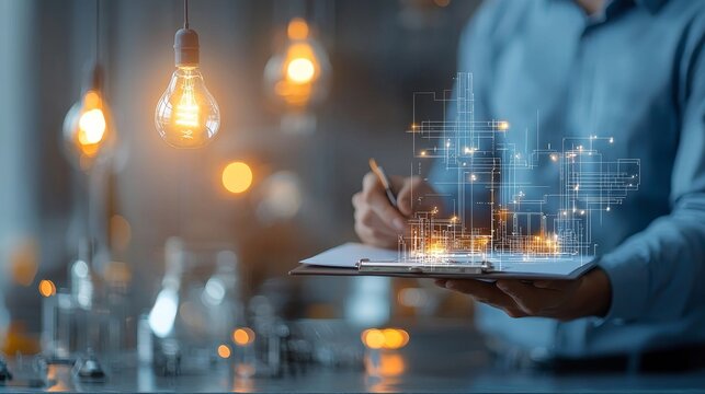 Innovative business planning modern office digital transformation bright environment close-up view conceptual approach