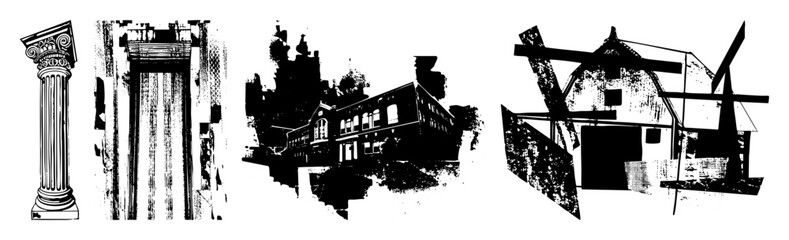 Fototapeta premium Vector Architectural illustrations depict a column building and windmill in a style.