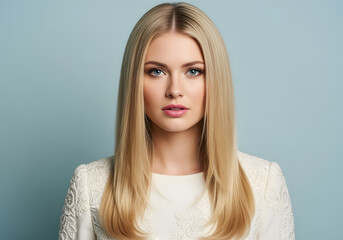 Fototapeta premium Portrait of a young woman with long blonde hair and a neutral expression, wearing an elegant white lace dress against a light blue background.