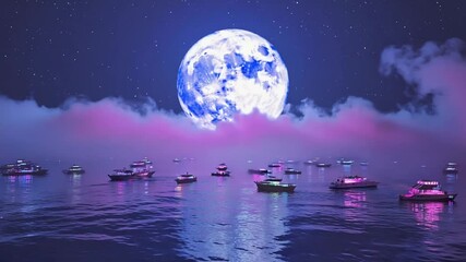 a fleet of glowing neon ships riding bioluminescent tidal wave full moon, moonlight liquid crystal waters celestial fog skies soft constellations, slow cinematic magical fantasy vibe, cinematic depth - Powered by Adobe