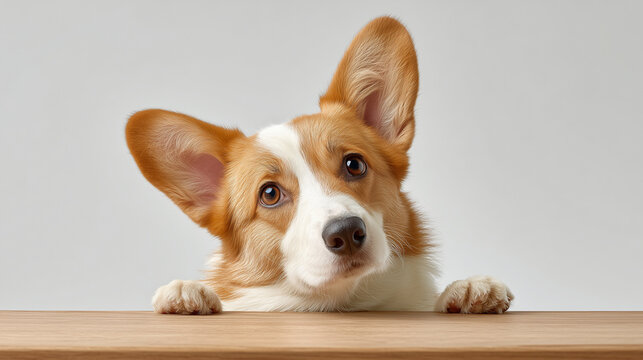 Adorable Pembroke Welsh Corgi Puppy Peeking Over Table, adorably peeking over the edge of a wooden table. Ideal for animal welfare, pet product advertising, children's content.