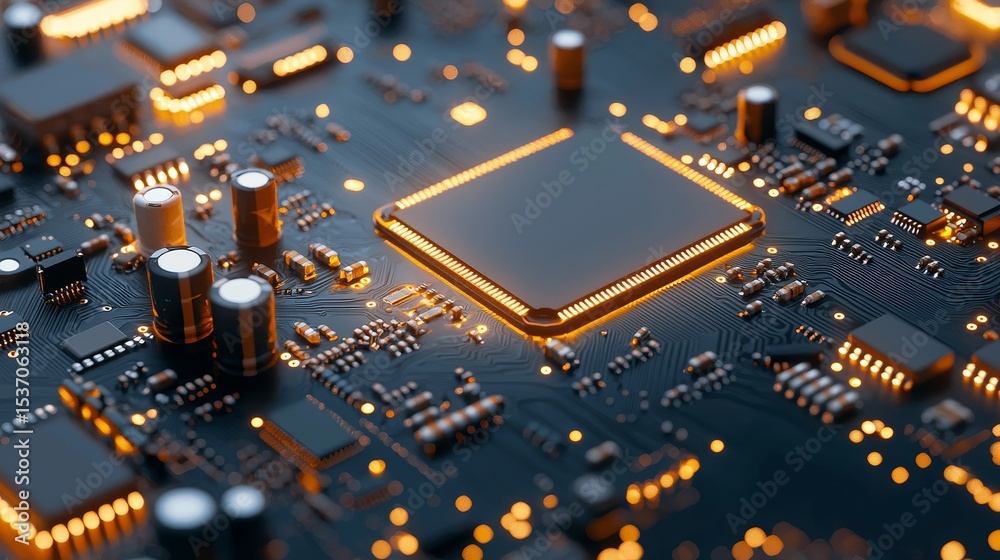 Poster innovative circuit board technology electronics lab close-up image tech environment macro view advan