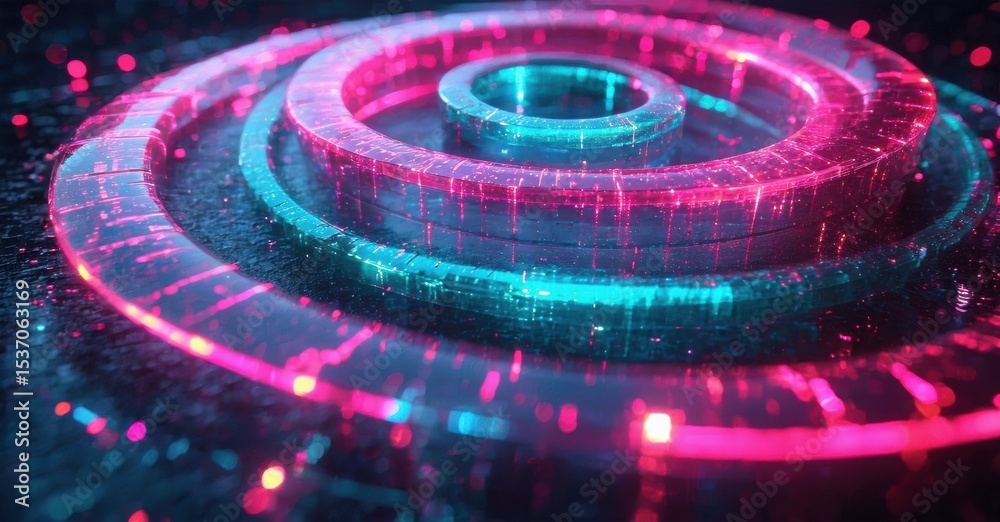 Poster abstract spiral design. neon lights create glowing rings, digital particles float around dark backgr