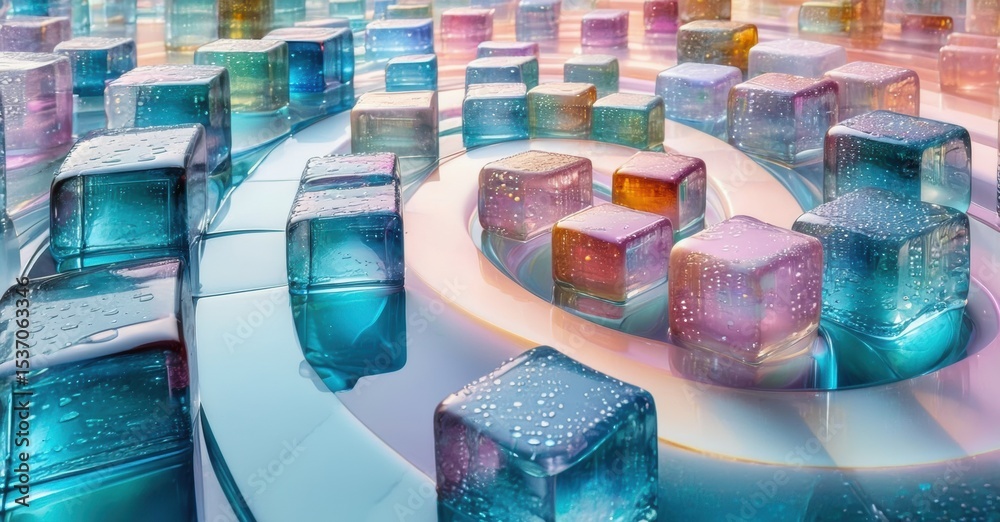 Aufkleber Colorful translucent cubes form spiral pattern. Reflections create vibrant, futuristic scene. Light plays across surfaces, adding depth.