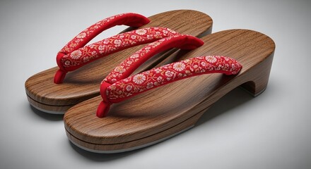Traditional Japanese geta sandals made from wood and fabric, isolated on white background. Generative AI