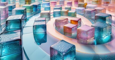 Colorful translucent cubes form spiral pattern. Reflections create vibrant, futuristic scene. Light plays across surfaces, adding depth.