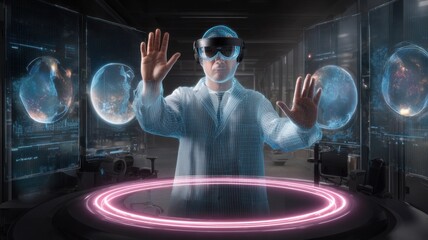 Scientist in a high-tech lab wearing virtual reality goggles, interacting with blue wire-frame holograms and celestial imagery on transparent spherical displays.