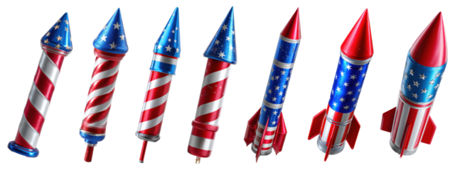 Patriotic fireworks rockets with American flag stars and stripes designs