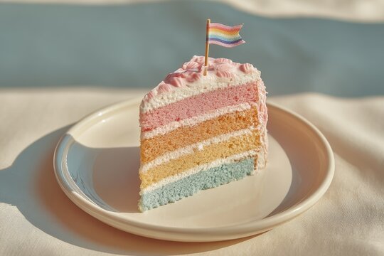 Rainbow layer cake slice with pride flag on white plate